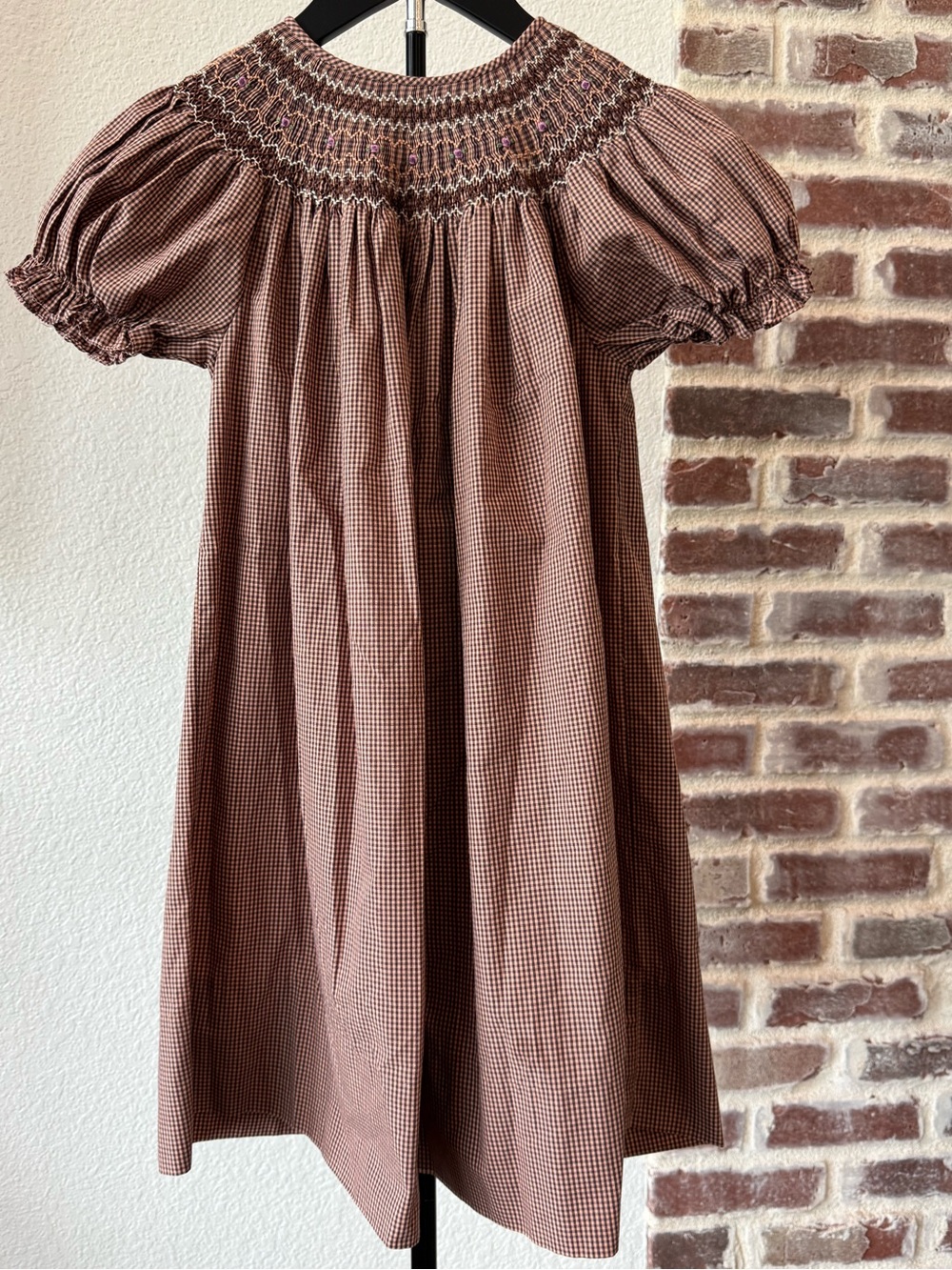 Rosalina Collection Smocked Puff-Sleeve Girls Dress in Brown Gingham Size 5